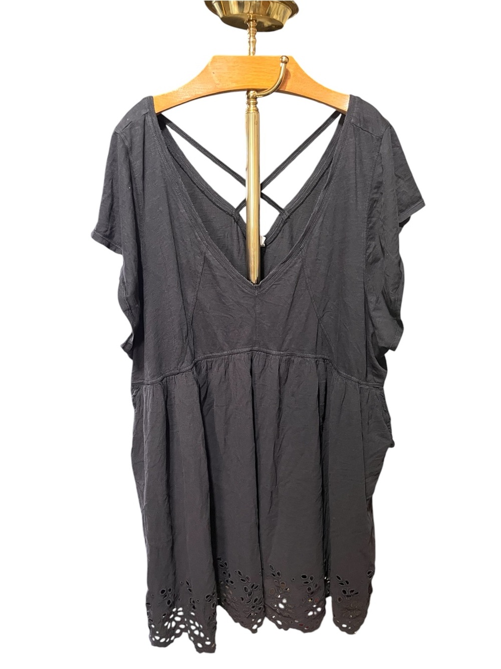 Anthropologie Daily Practice Relaxed Black Midi Dress with V-Neck Eyelet Hem 3X